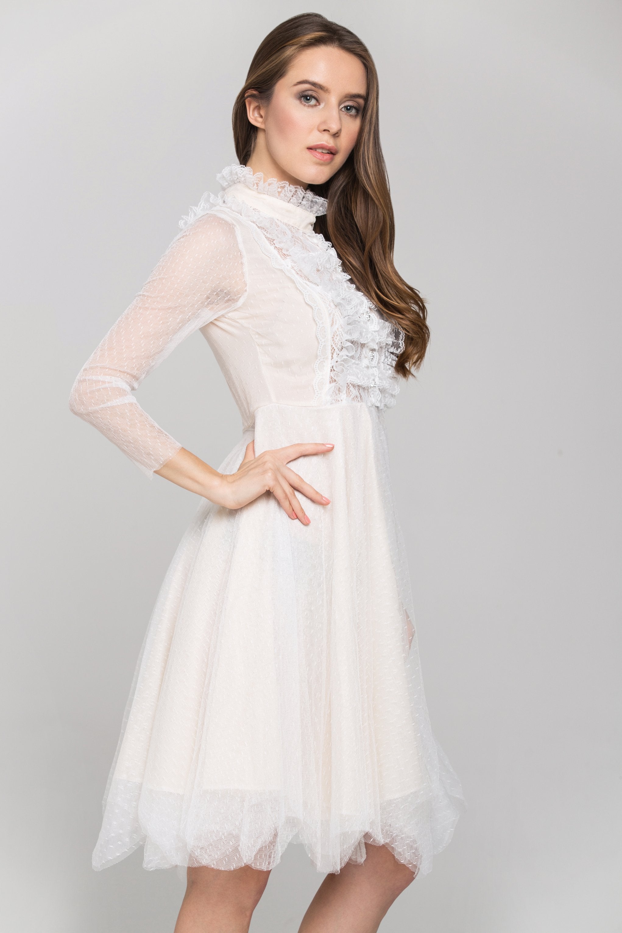 White Sheer Sleeves Lace Bib Midi Dress White Sheer Sleeves Lace Bib Midi Dress