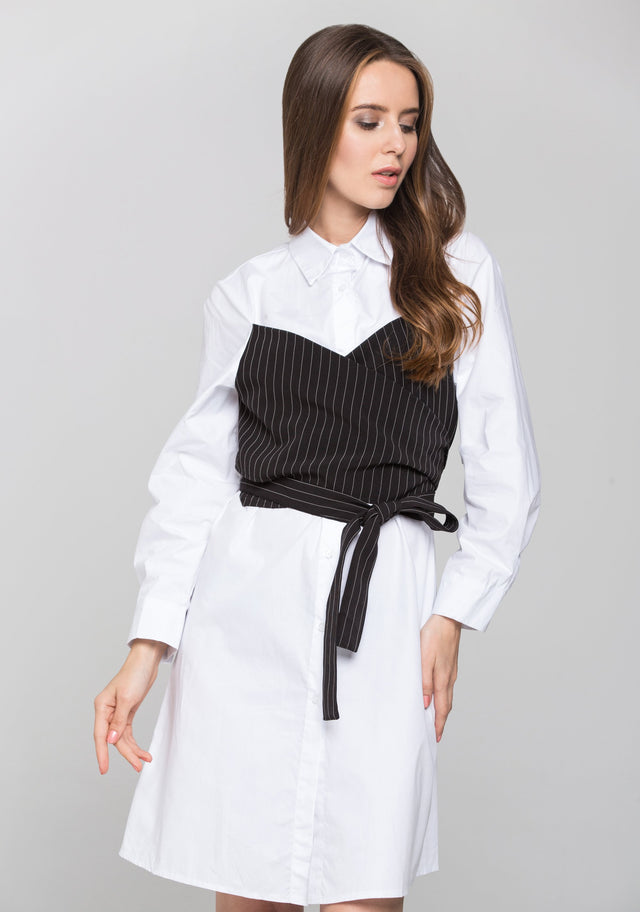 White Shirt Dress with Black Pin Stripe Panel