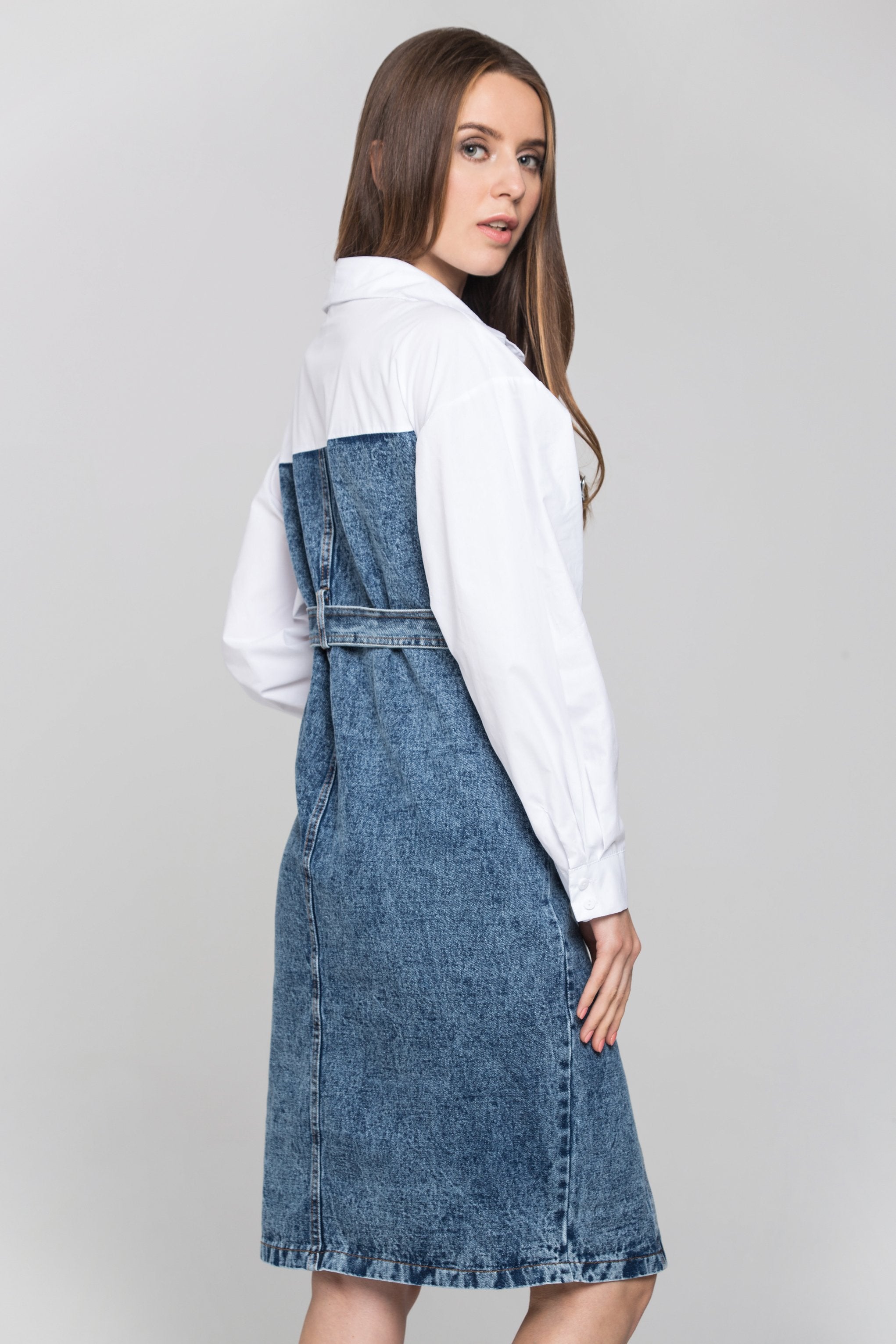White Shirt Panel Button Up Denim Midi Dress White Shirt Panel Button Up Denim Midi Dress