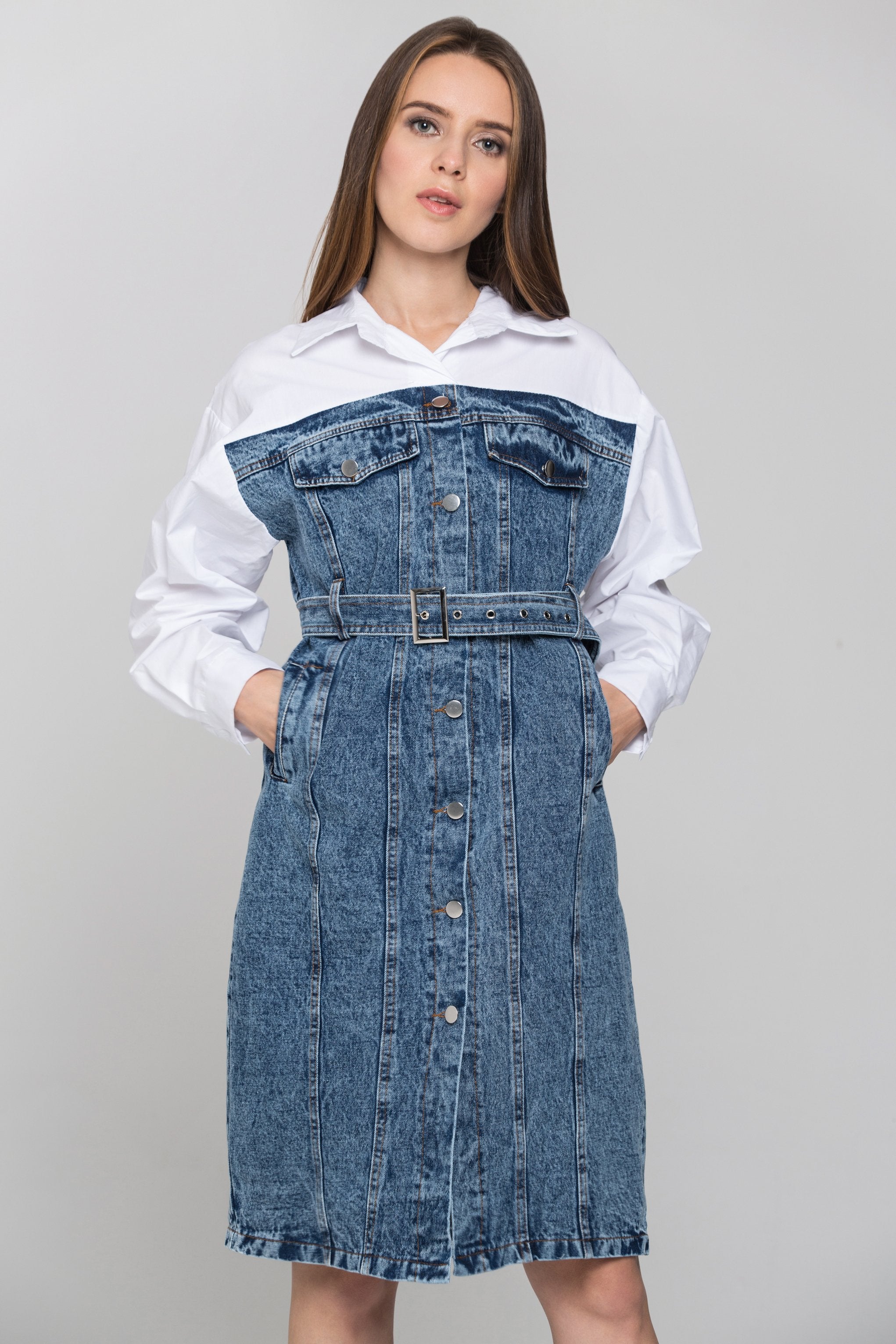 White Shirt Panel Button Up Denim Midi Dress White Shirt Panel Button Up Denim Midi Dress
