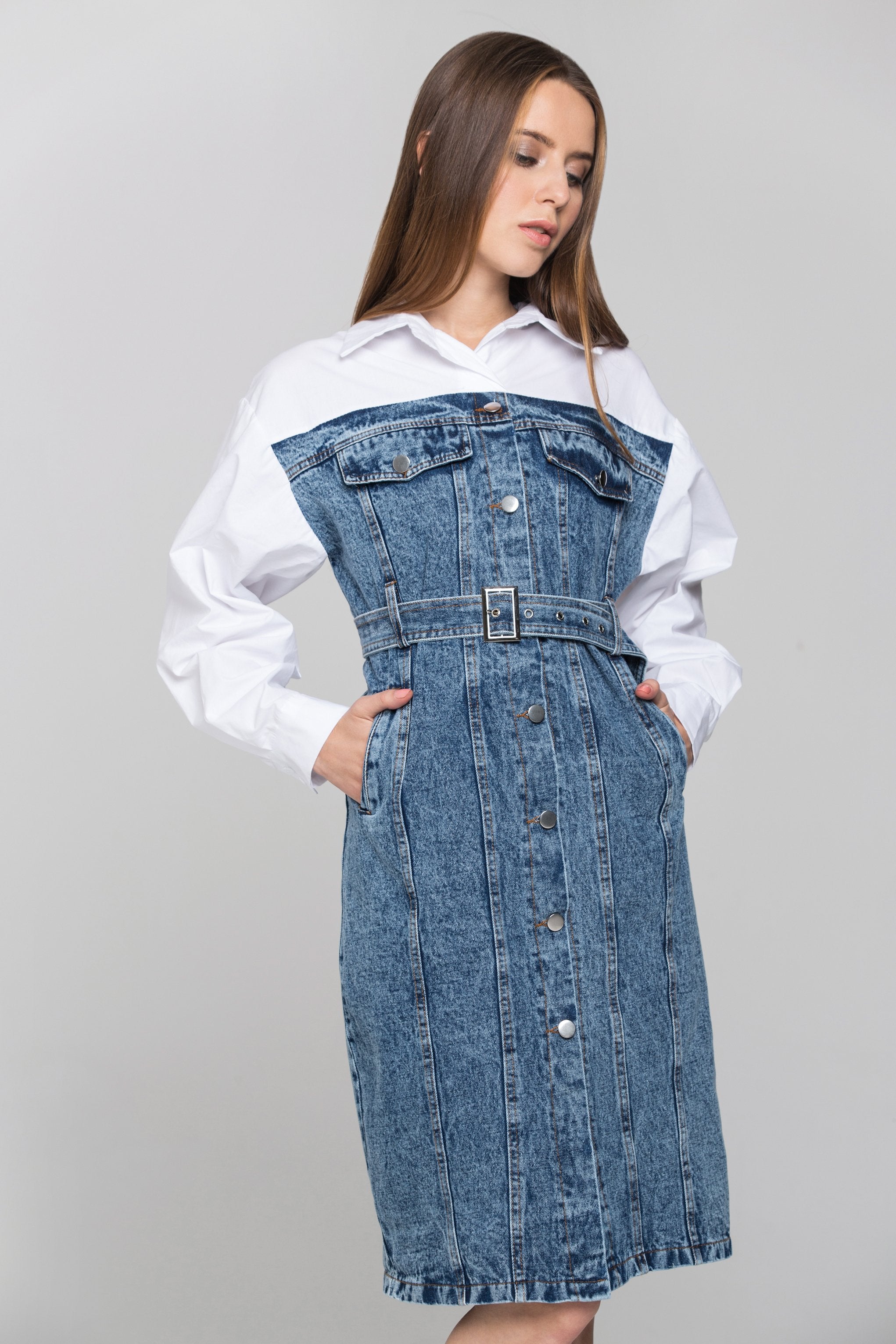 White Shirt Panel Button Up Denim Midi Dress White Shirt Panel Button Up Denim Midi Dress
