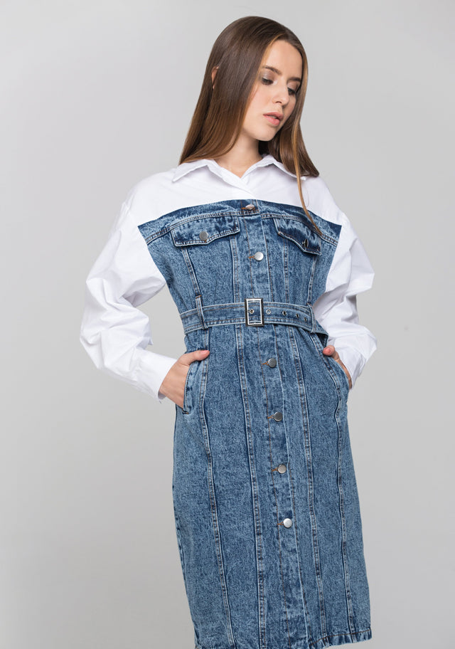 White Shirt Panel Button Up Denim Midi Dress