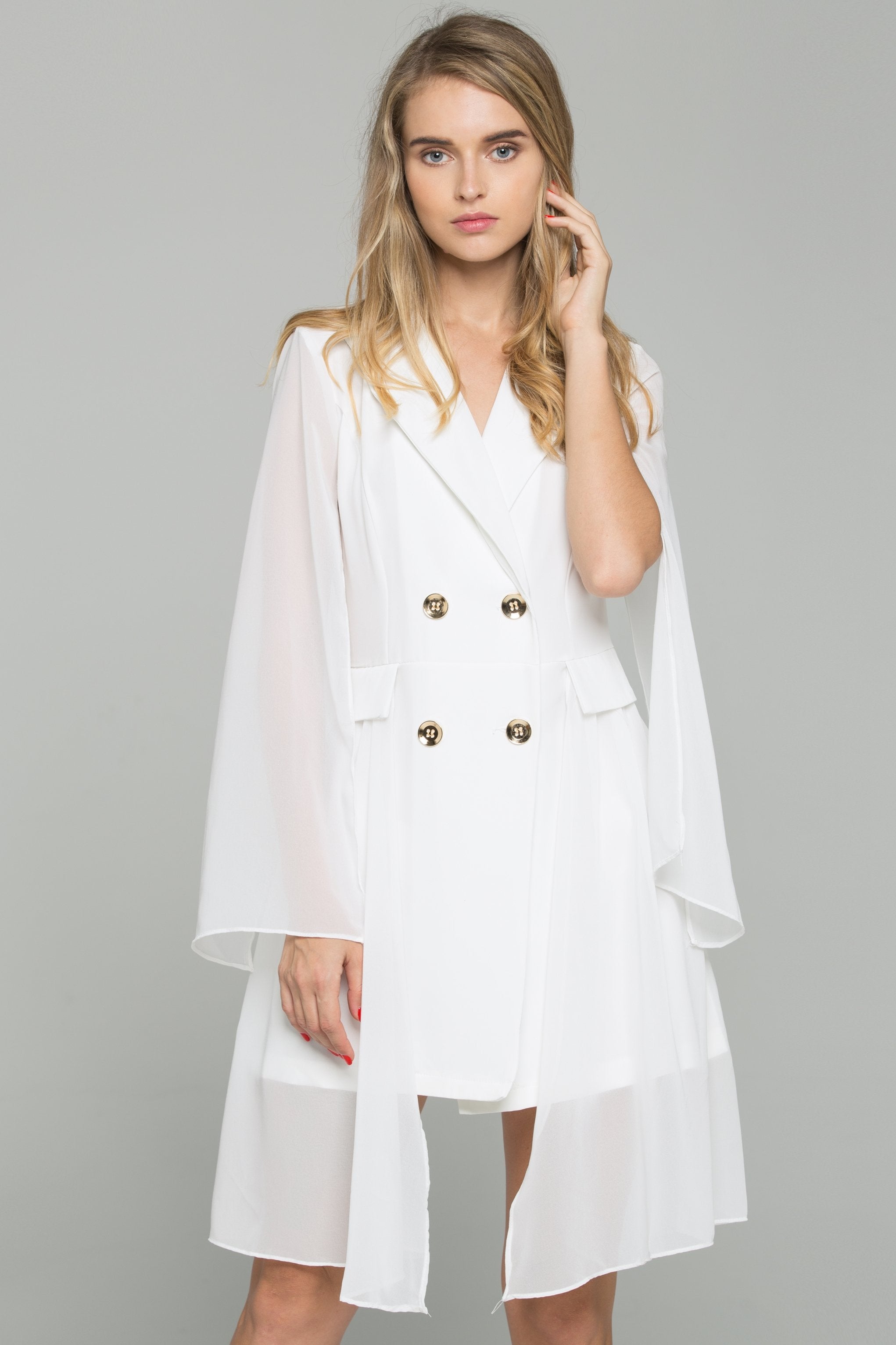 White Silk Double Buttoned Open Sleeve Blazer Shirt White Silk Double Buttoned Open Sleeve Blazer Shirt