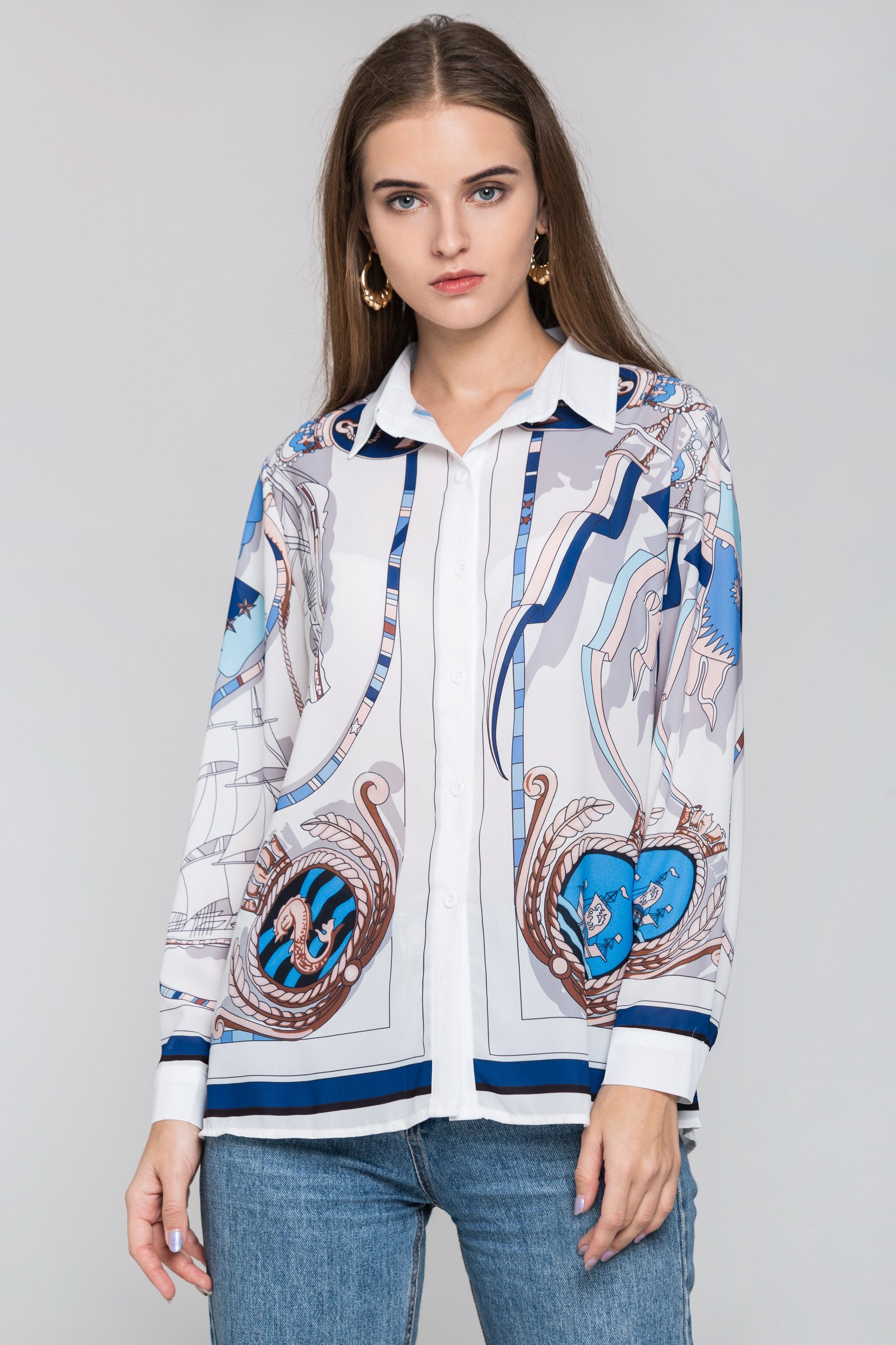 White Silk Scarf Nautical Print Top White Silk Scarf Nautical Print Top
