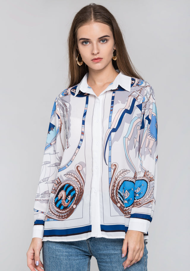 White Silk Scarf Nautical Print Top
