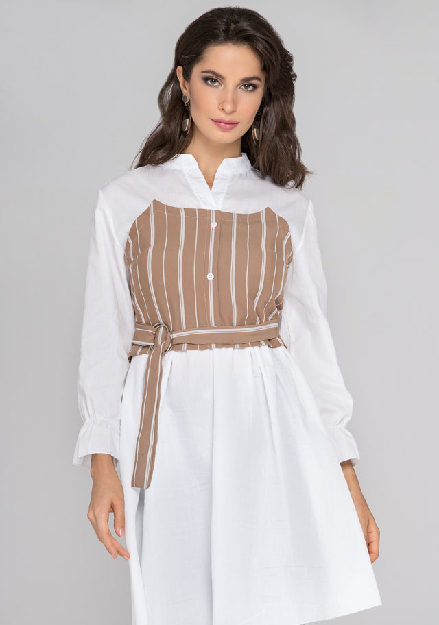 White Sleeved Mocha Pinstripe Panel Midi Dress