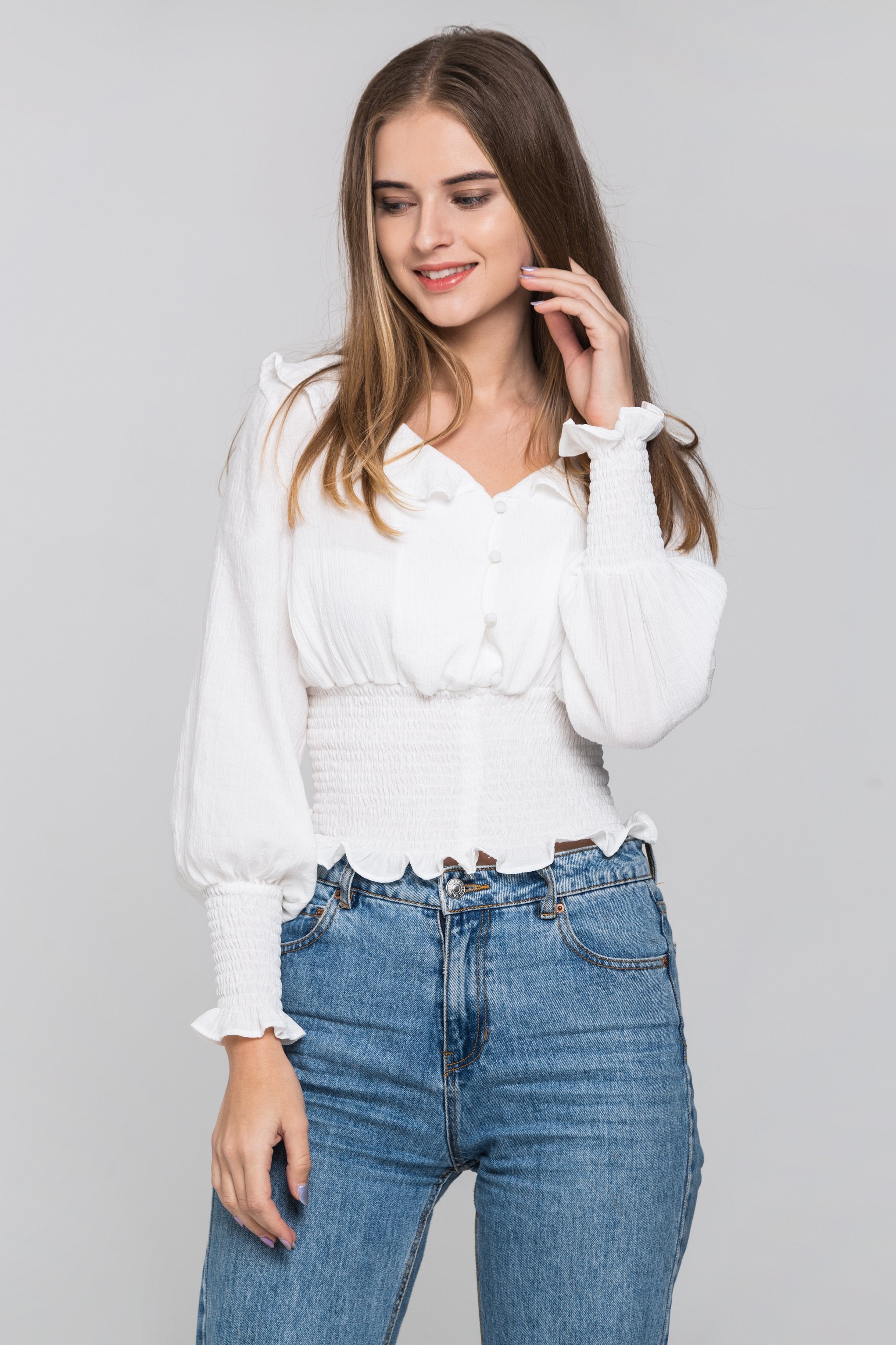 White Smocked Waist Ruffle Collar Blouson Top White Smocked Waist Ruffle Collar Blouson Top