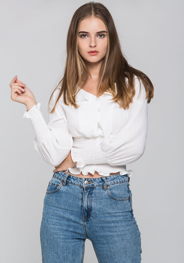 White Smocked Waist Ruffle Collar Blouson Top