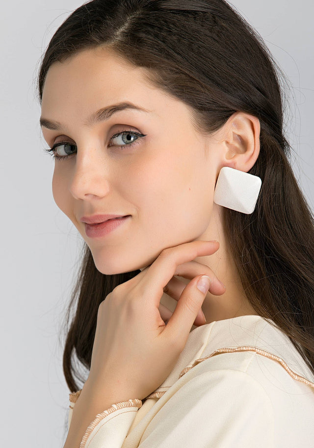 White Square Button Earrings