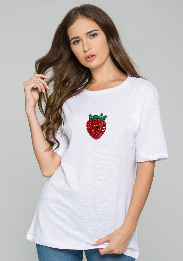 White Strawberry Sequin Short Sleeve Casual Tee