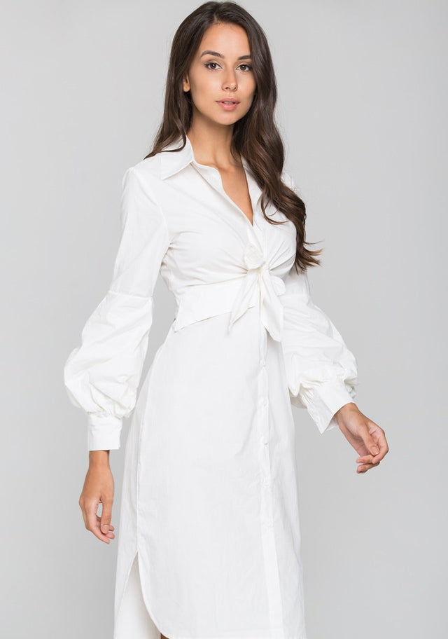 White Tie Front Shirt Midi Dress