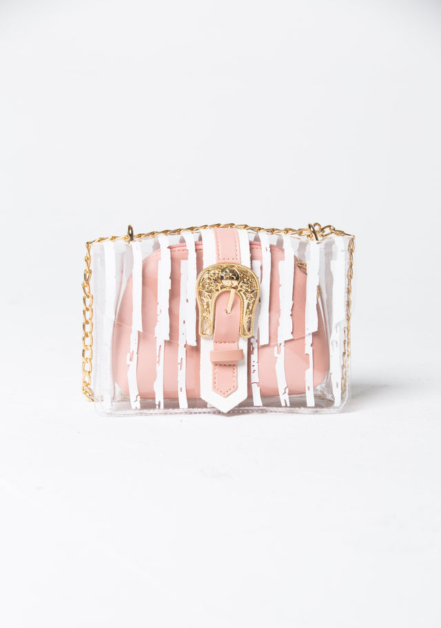 White Transparent Plastic Stripe Print Baguette Shoulder Bag