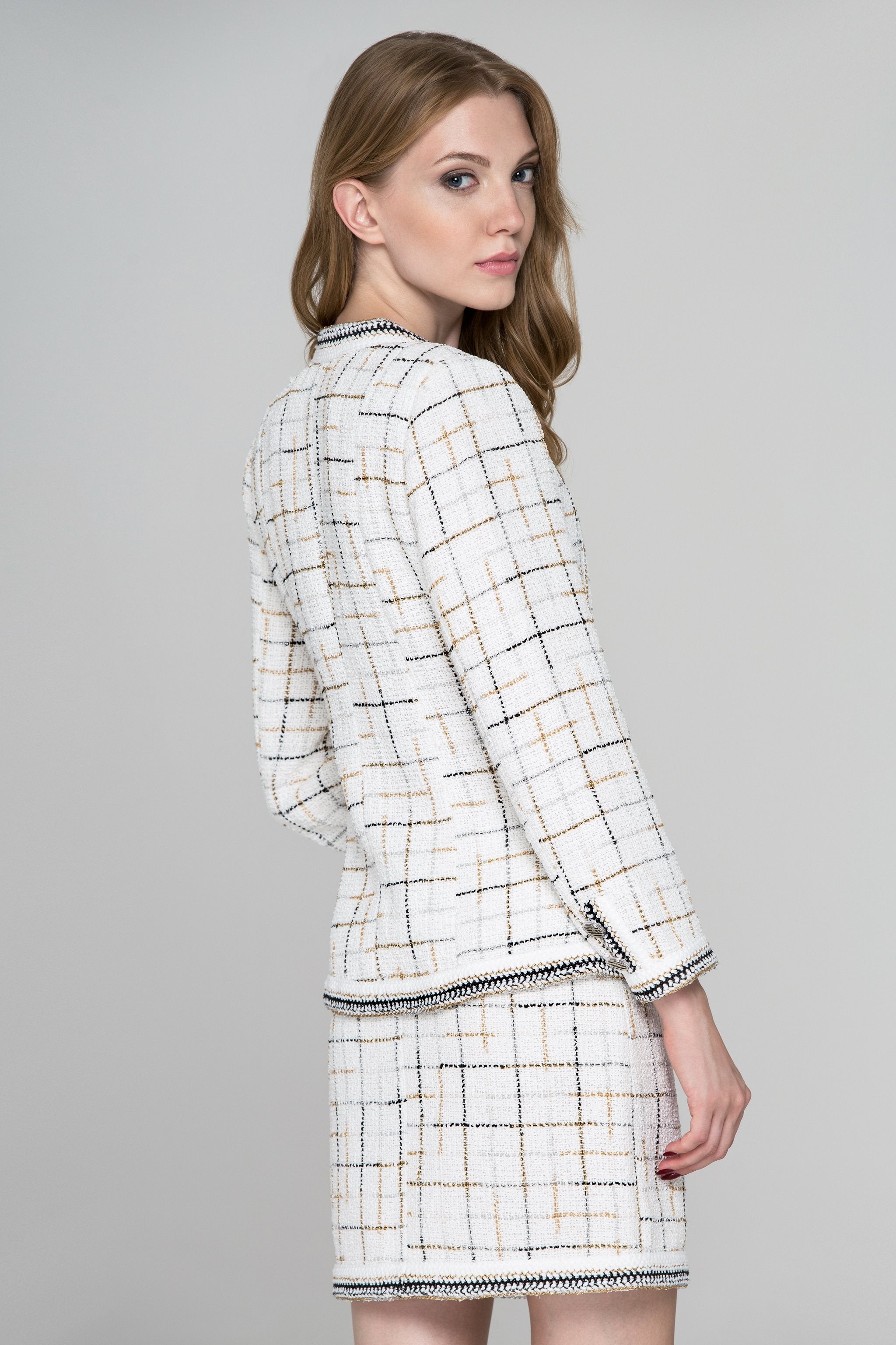 White Tweed Braid Trim Blazer and Skirt Set White Tweed Braid Trim Blazer and Skirt Set