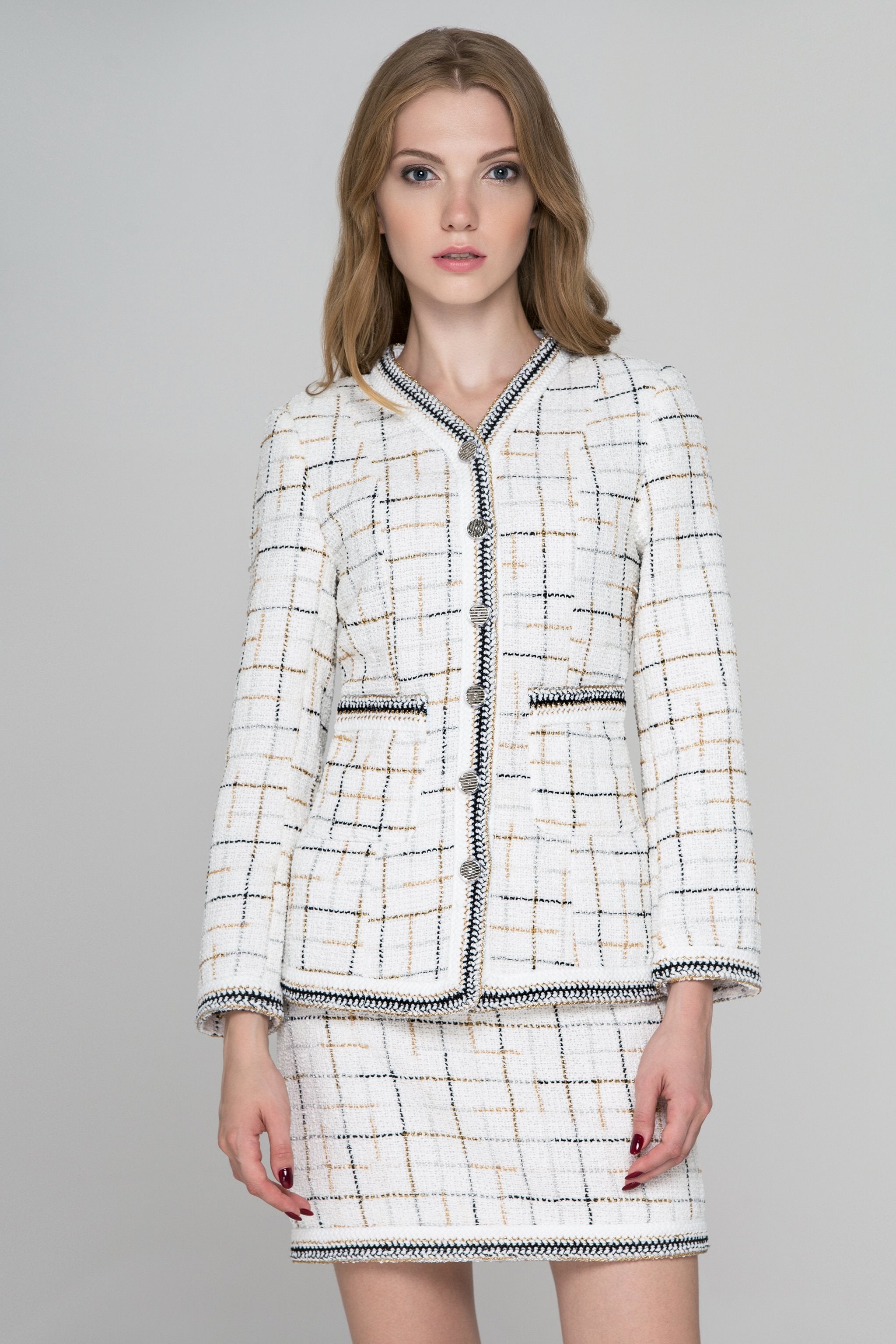 White Tweed Braid Trim Blazer and Skirt Set White Tweed Braid Trim Blazer and Skirt Set