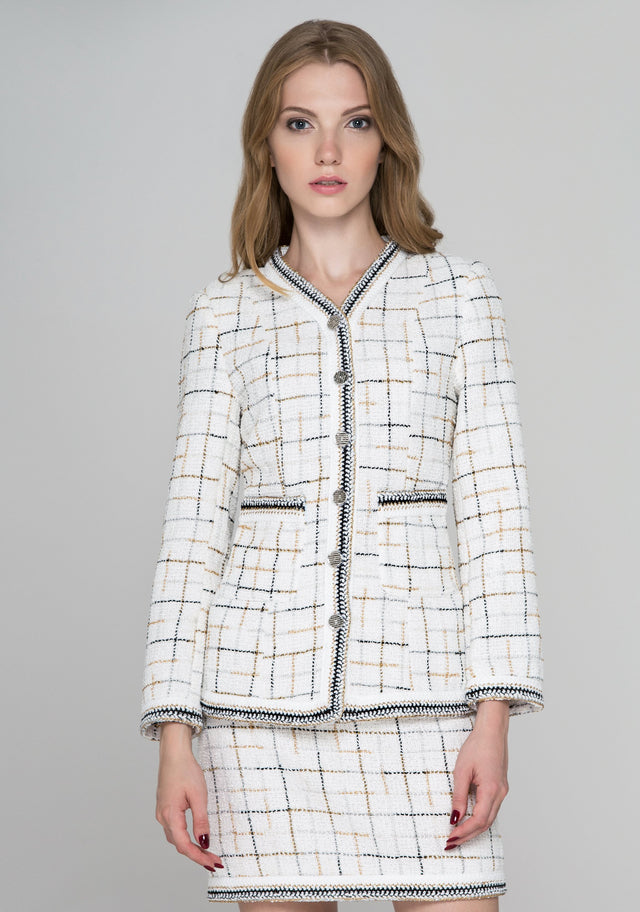 White Tweed Braid Trim Blazer and Skirt Set