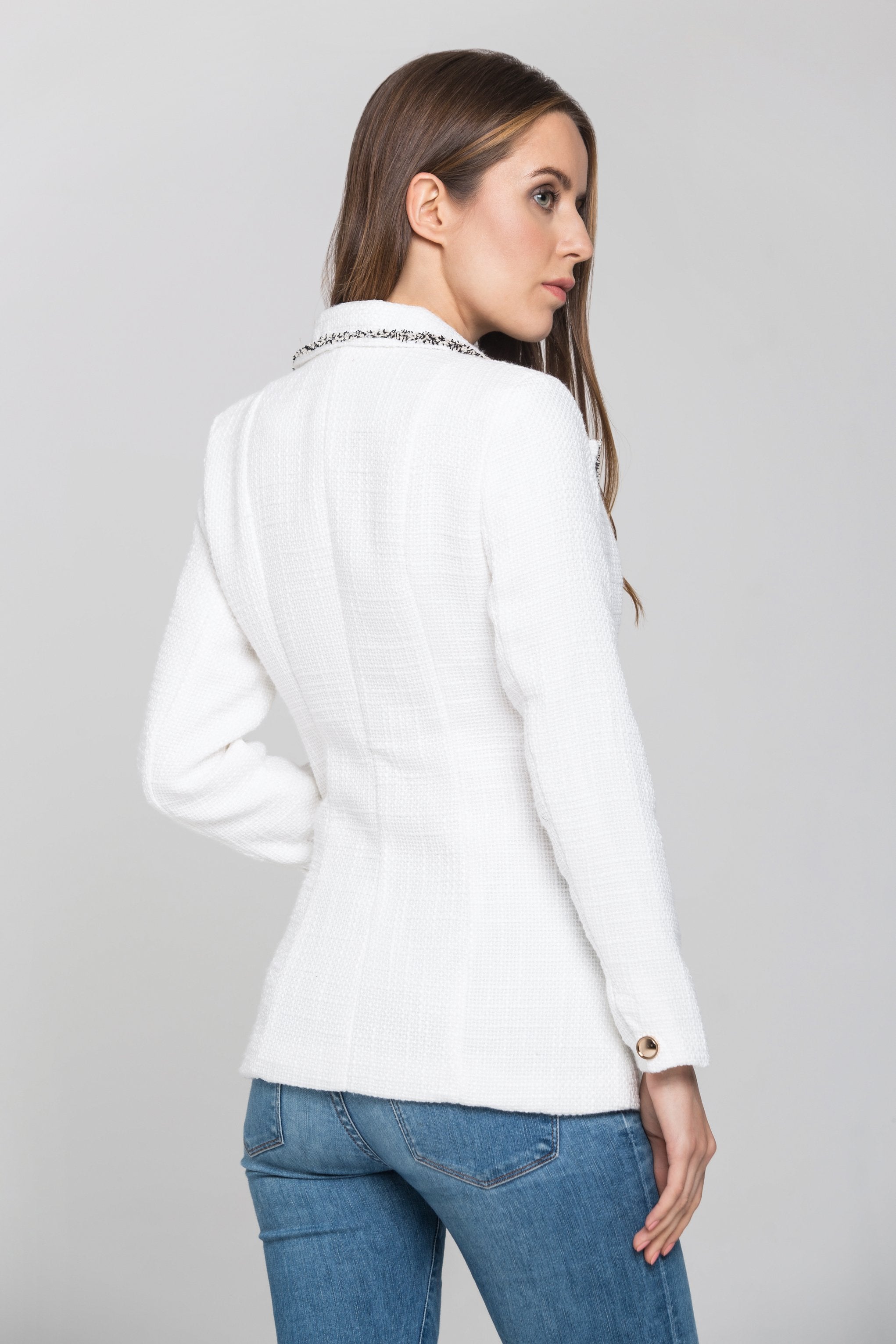 White Tweed Frilled Trim Blazer White Tweed Frilled Trim Blazer
