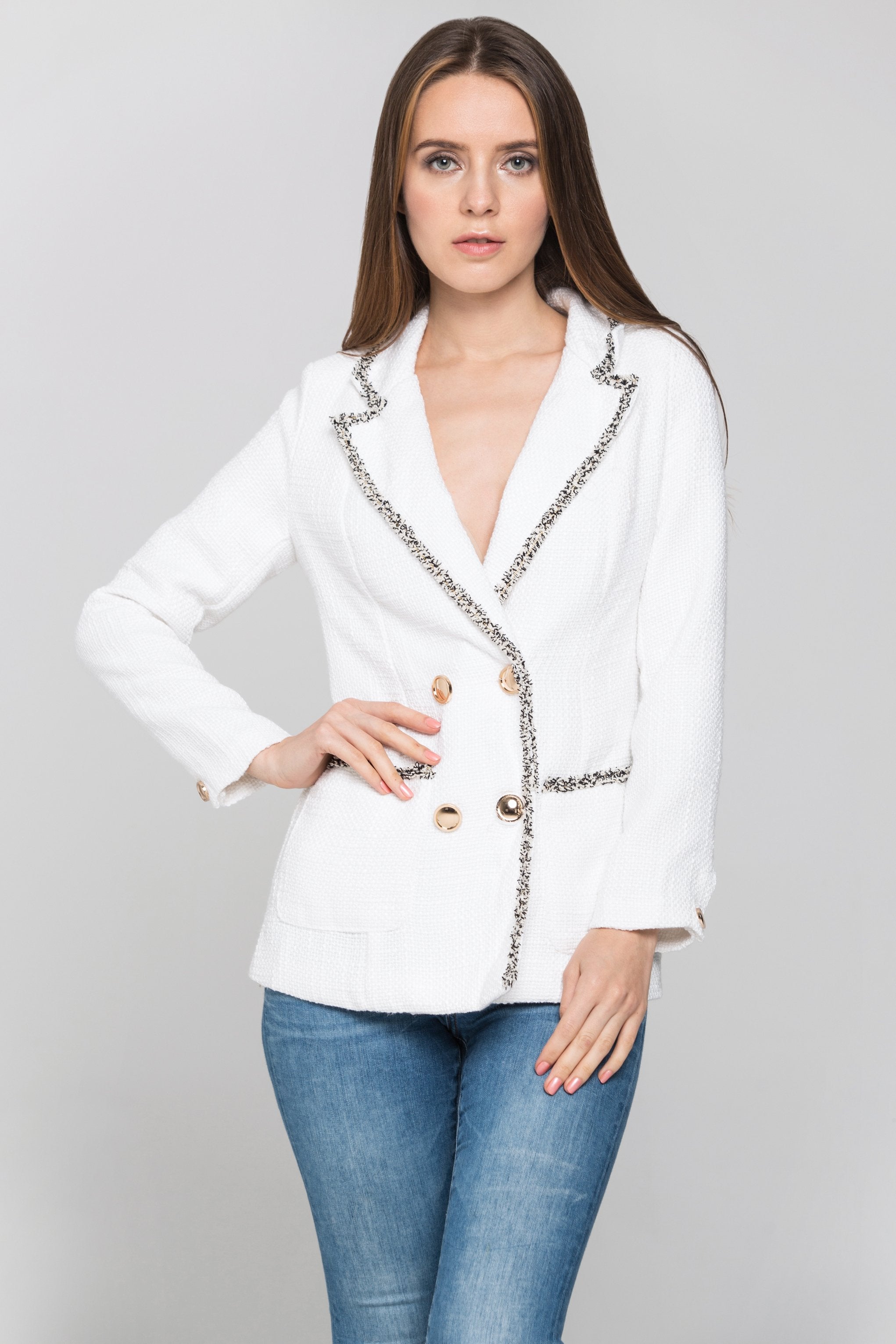 White Tweed Frilled Trim Blazer White Tweed Frilled Trim Blazer