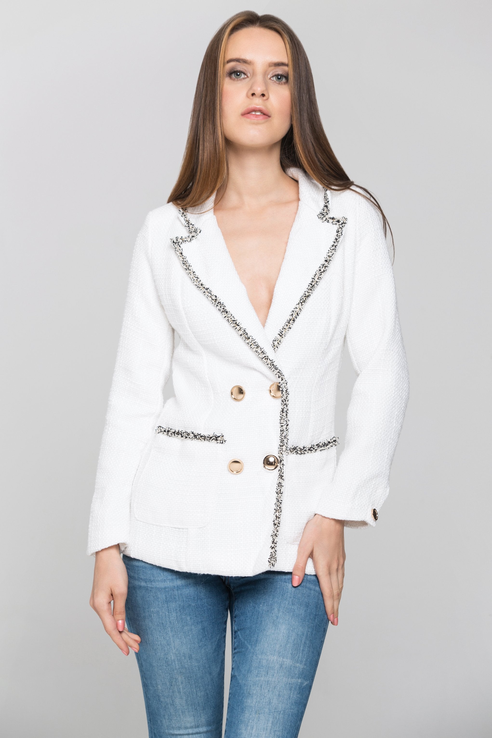 White Tweed Frilled Trim Blazer White Tweed Frilled Trim Blazer