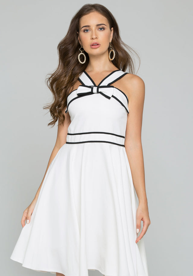White V-Strap Front Bow Detail A-Line Midi Dress