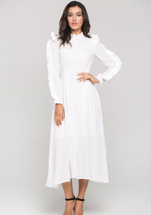 White vintage Ruffle neck Long Sleeves Midi Dress