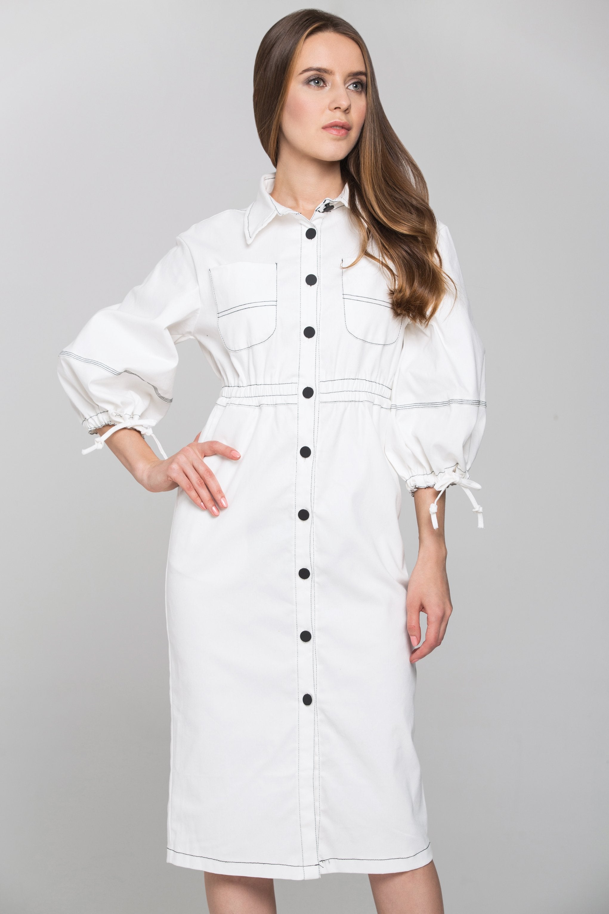 White and Black Contrast stitch Puff Sleeves Midi Shirt Dress White and Black Contrast stitch Puff Sleeves Midi Shirt Dress