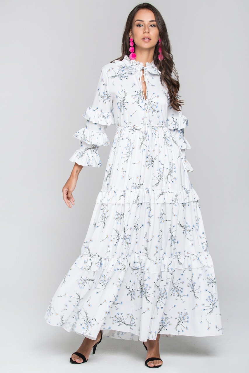 White and Blue Daisy Print Ruffled Sleeve Midi Dress White and Blue Daisy Print Ruffled Sleeve Midi Dress