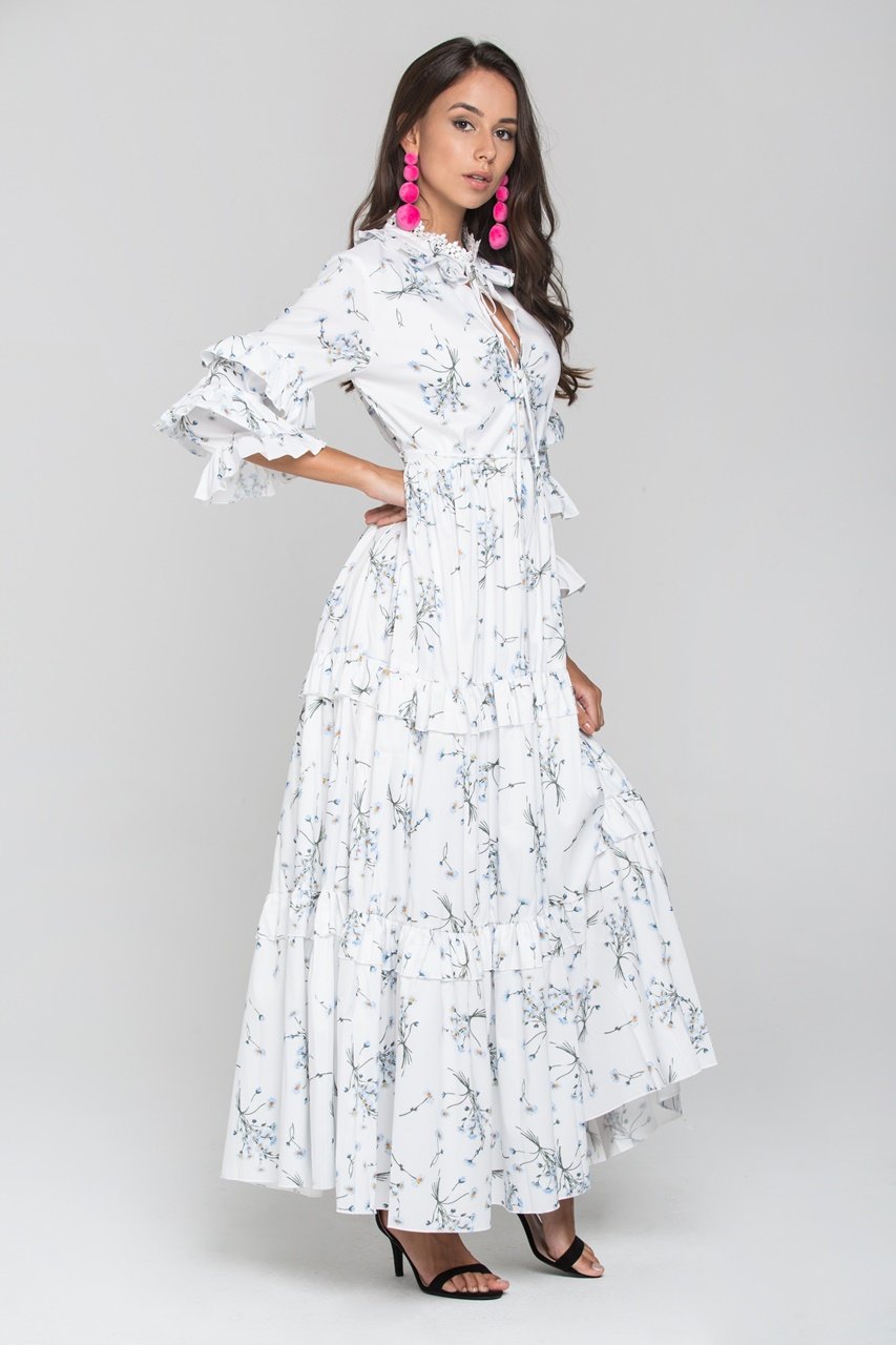 White and Blue Daisy Print Ruffled Sleeve Midi Dress White and Blue Daisy Print Ruffled Sleeve Midi Dress