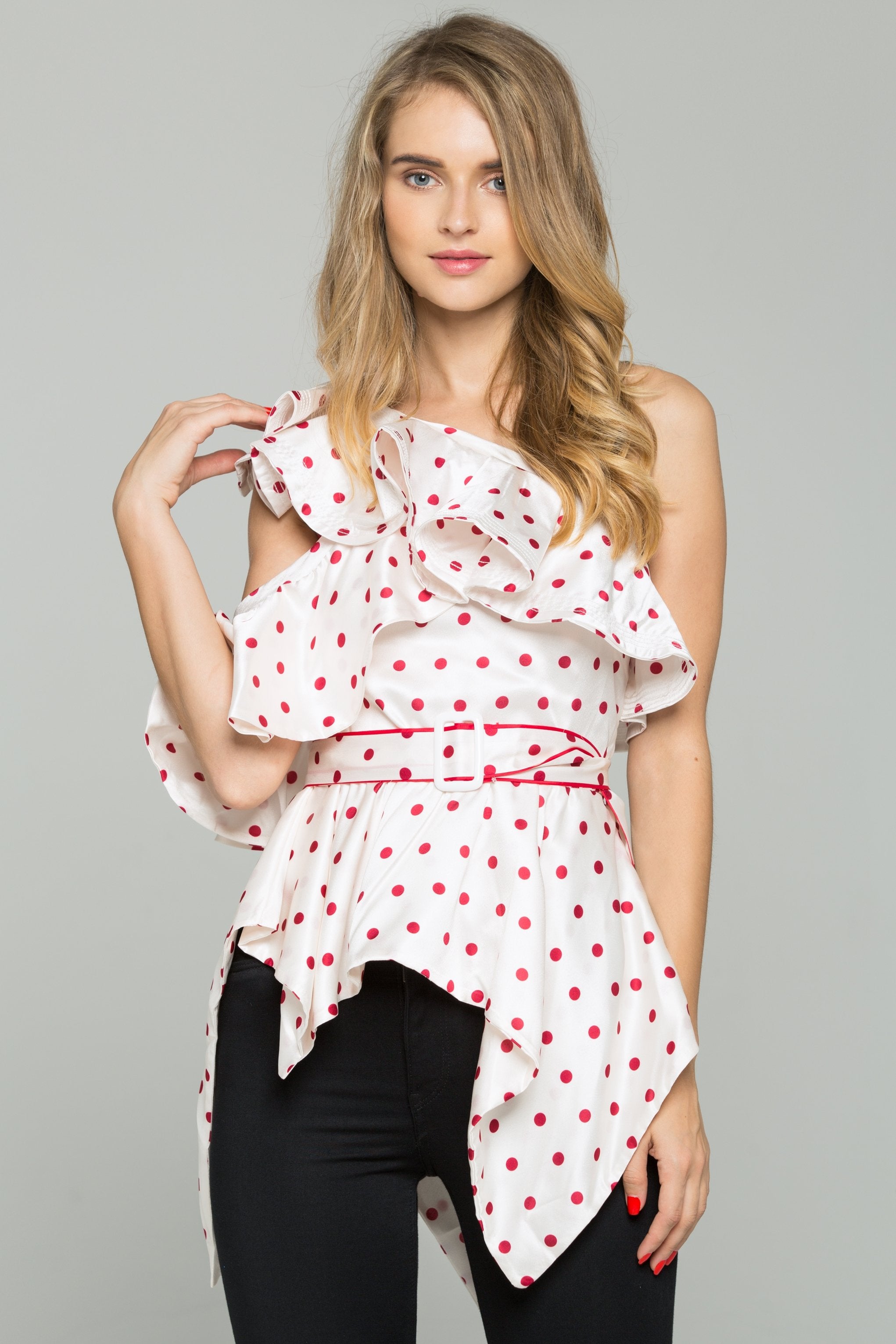 White and Red Polka dot One-shoulder Belted Top White and Red Polka dot One-shoulder Belted Top