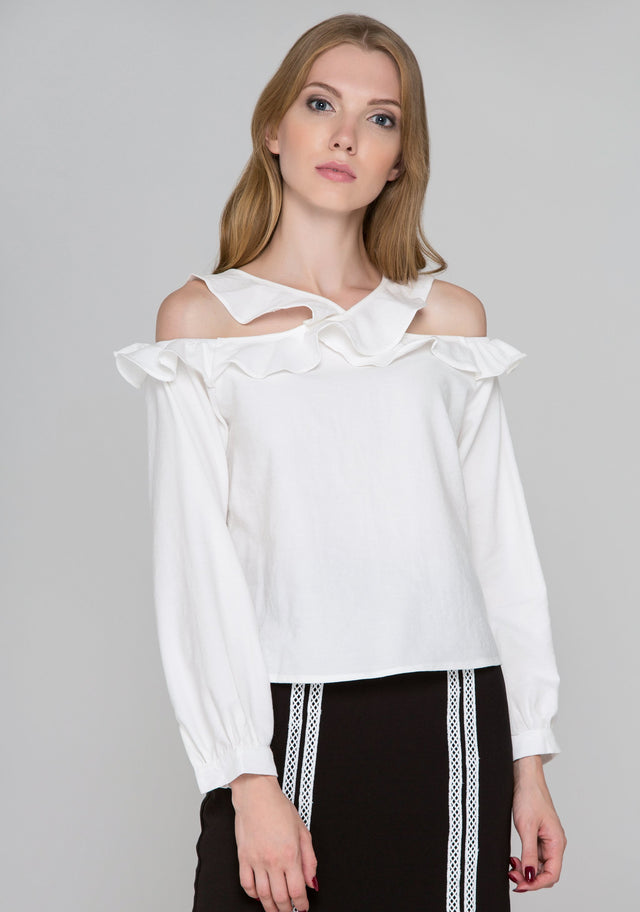 White Ruffle Strap Cold Shoulder Top