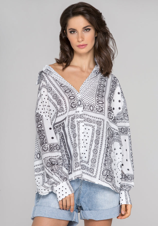 White Silk Button Up Bandana Top