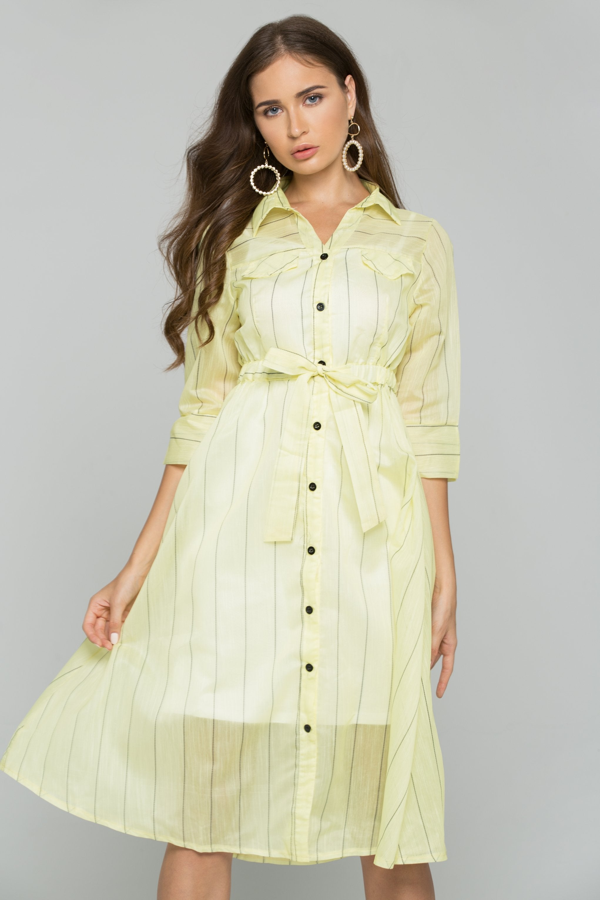 Yellow Cotton Striped Button-Down Belt Strap Shirt Dress Yellow Cotton Striped Button-Down Belt Strap Shirt Dress