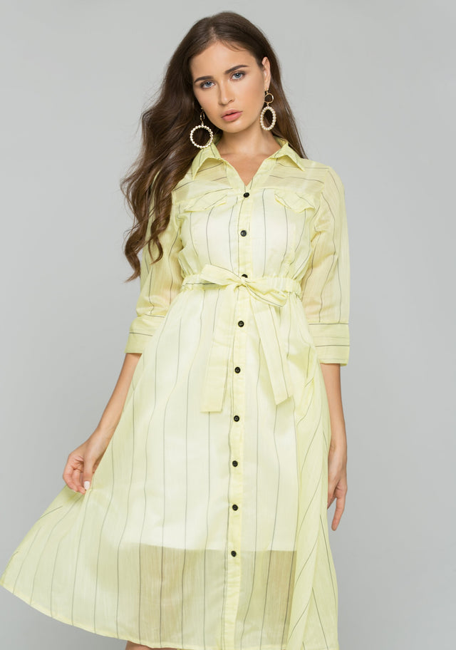 Yellow Cotton Striped Button-Down Belt Strap Shirt Dress