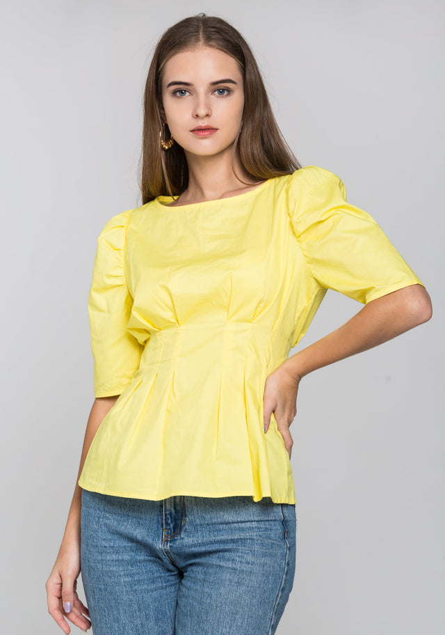 Yellow Pleated Waist Puff Sleeves Top