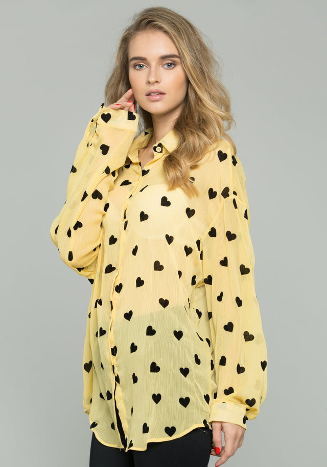 Yellow and Black Chiffon Heart Graphic Print Long Sleeve Shirt