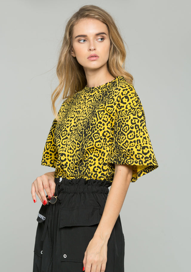 Yellow and Black Leopard Print Oversized Blouson Top