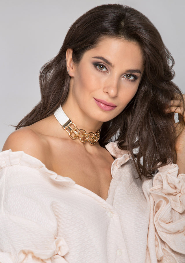 White Faux Leather and Gold Chain Detail Choker Necklace