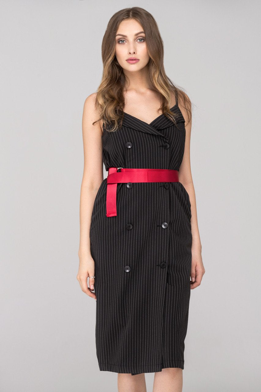 Rania Fawaz - Black Pinstripes Double Button Midi Dress with Red Belt Rania Fawaz - Black Pinstripes Double Button Midi Dress with Red Belt