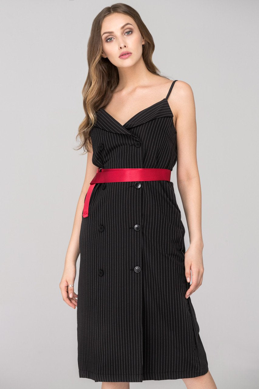 Rania Fawaz - Black Pinstripes Double Button Midi Dress with Red Belt Rania Fawaz - Black Pinstripes Double Button Midi Dress with Red Belt