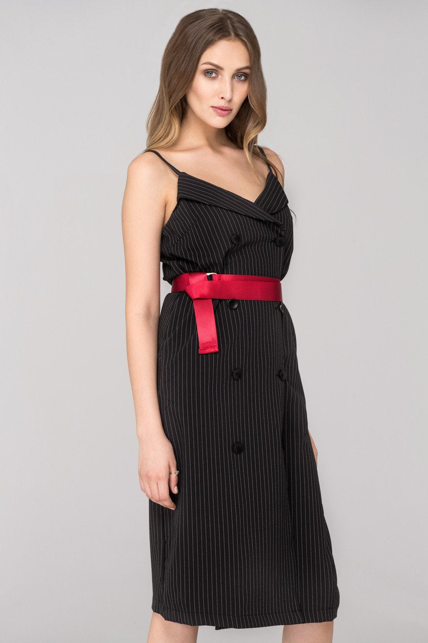 Rania Fawaz - Black Pinstripes Double Button Midi Dress with Red Belt Rania Fawaz - Black Pinstripes Double Button Midi Dress with Red Belt