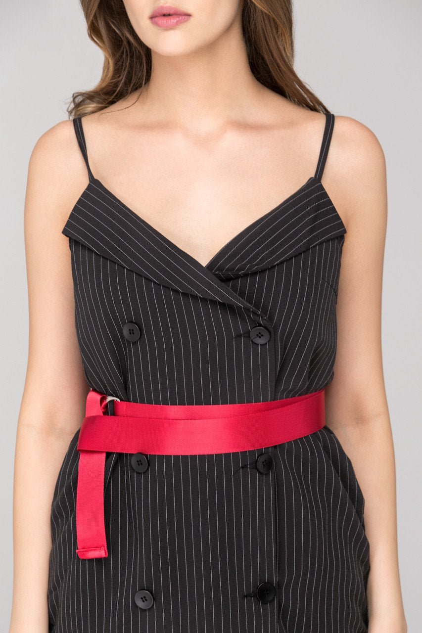 Rania Fawaz - Black Pinstripes Double Button Midi Dress with Red Belt Rania Fawaz - Black Pinstripes Double Button Midi Dress with Red Belt