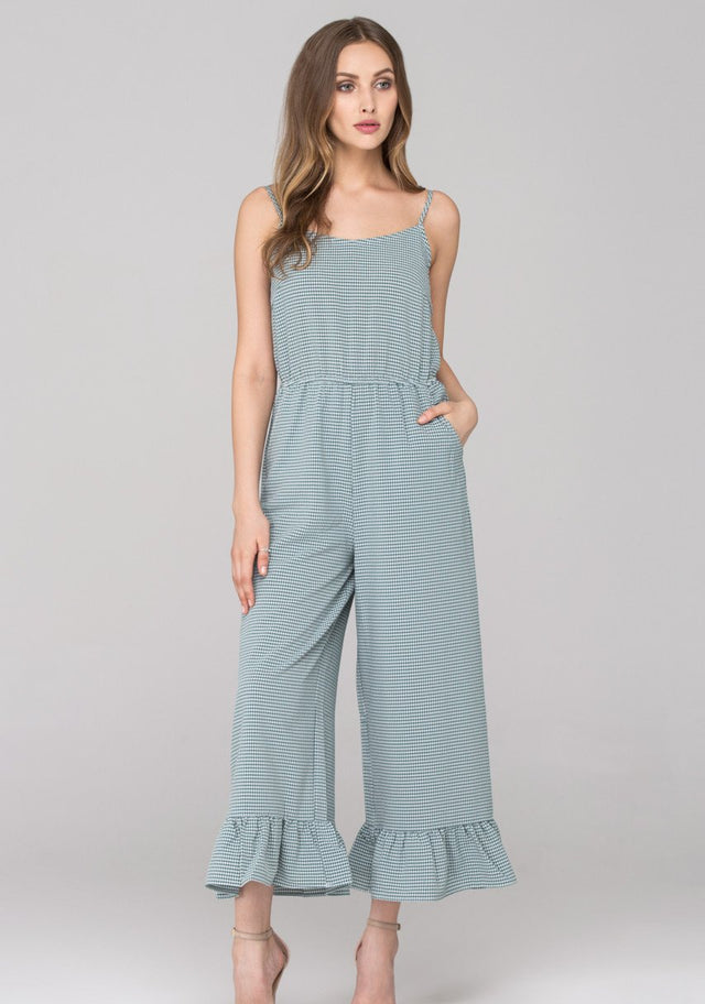 Green Checkered Ruffled Leg Hem Jumpsuit