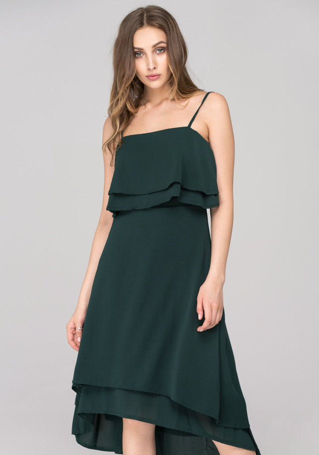 Hunter Green Layered Chiffon Midi Dress