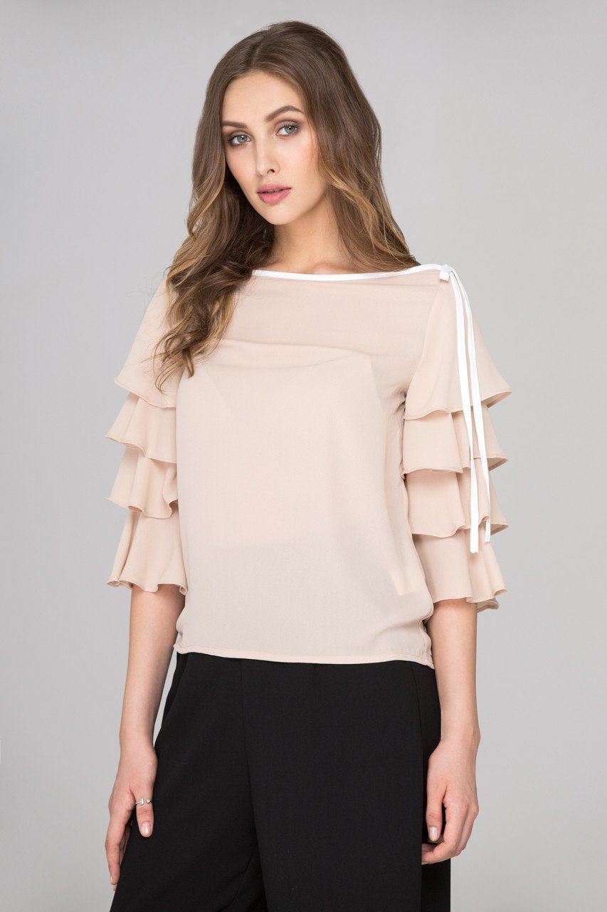 Nude Chiffon Tiered Ruffle Sleeve Top Nude Chiffon Tiered Ruffle Sleeve Top