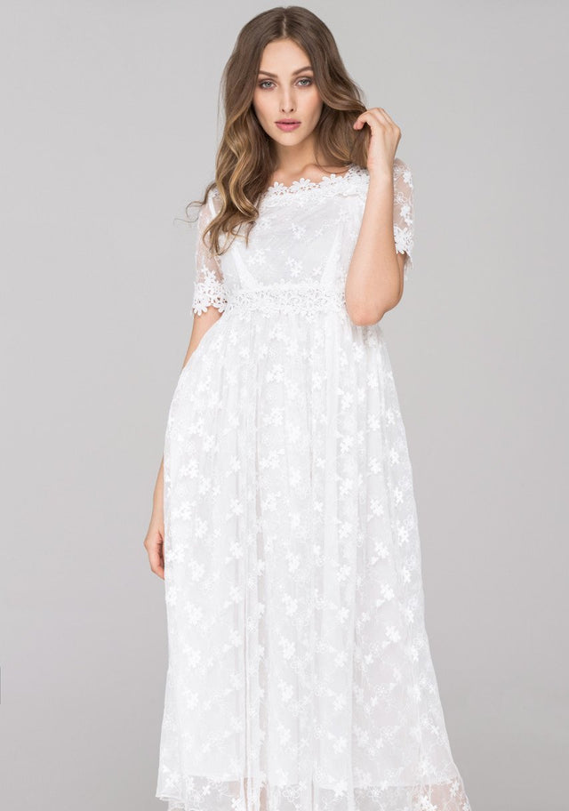 White Embroidered Soft Tulle Maxi Dress