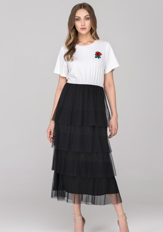 White Top Black Tiered Tulle Maxi dress