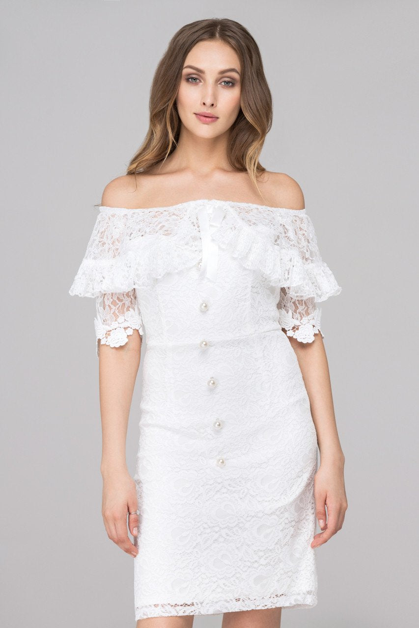 White Pearl Button Lace Drop-Shoulder Sheath Dress White Pearl Button Lace Drop-Shoulder Sheath Dress