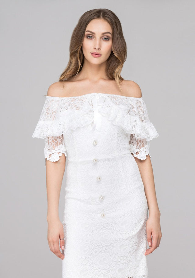 White Pearl Button Lace Drop-Shoulder Sheath Dress