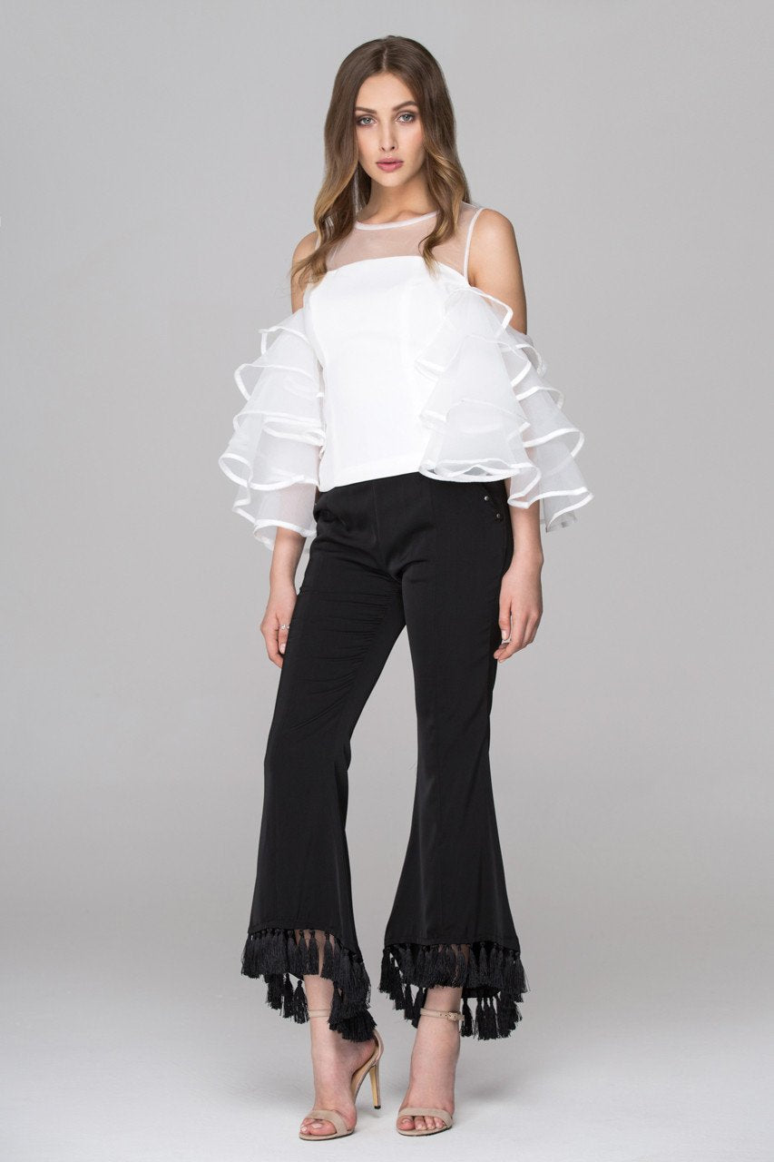 White Sheer Yoke Tiered Ruffle Sleeve Top White Sheer Yoke Tiered Ruffle Sleeve Top