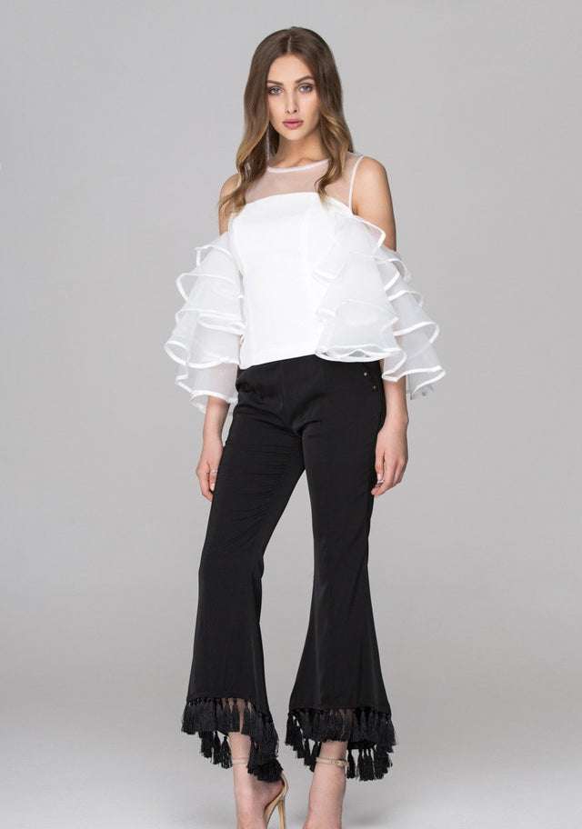 White Sheer Yoke Tiered Ruffle Sleeve Top