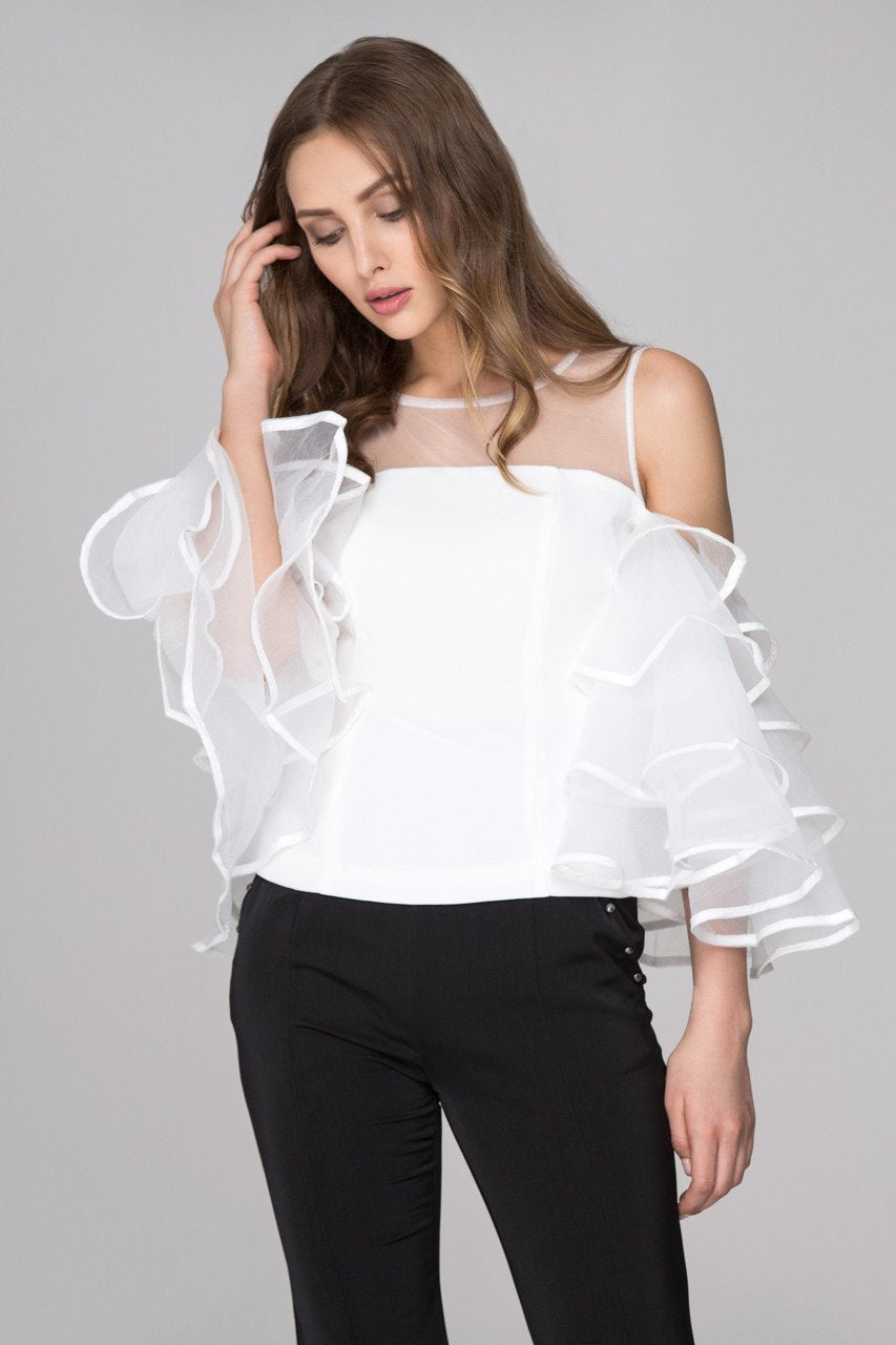 White Sheer Yoke Tiered Ruffle Sleeve Top White Sheer Yoke Tiered Ruffle Sleeve Top